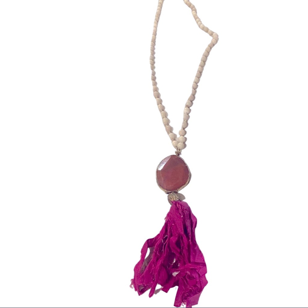 Necklace 26”L magenta agate stone/bone beads,100% pinksilk strips Designer brand
